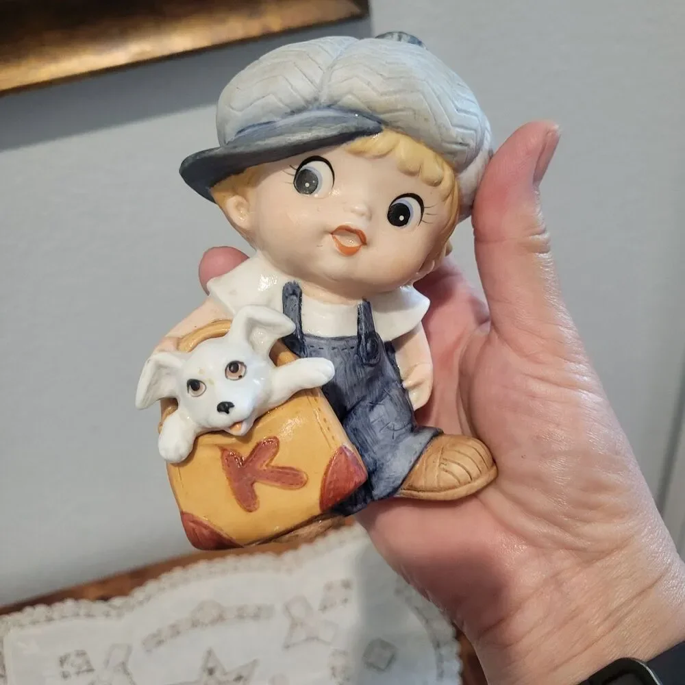 Vintage HOMCO - Little Boy with Dog In his Bag figurine #1439 ceramic Taiwan 80s